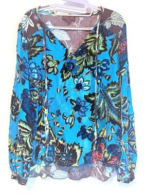 Y2K Hale Bob Vibrant Blue Silk Burnout Velvet Long Sleeve Floral Blouse Medium